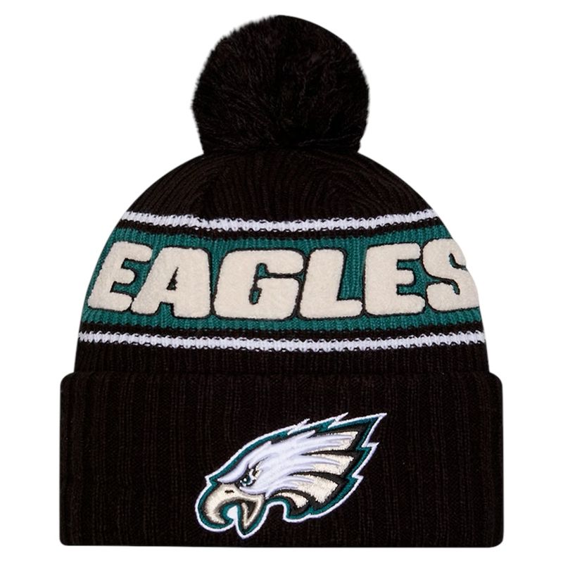 Philadelphia Eagles Youth Black 2024 New Era Sideline Cuffed Pom Knit Hat