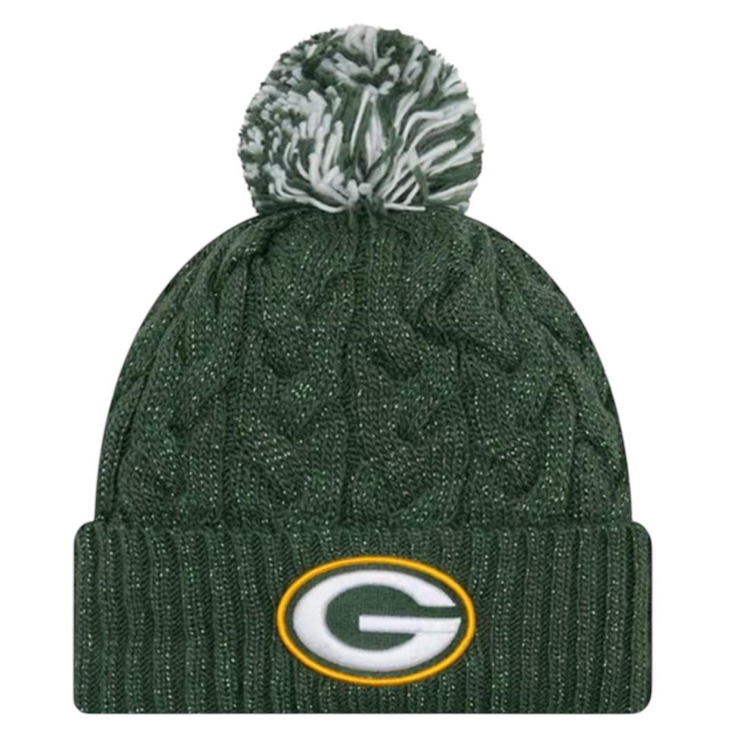 Green Bay Packers Women's New Era Cozy Cable Cuffed Knit Pom Hat Green Bay Packers Women's New Era Cozy Cable Cuffed Knit Pom Hat