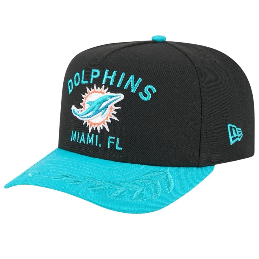 Miami Dolphins Men’s New Era Black/Aqua 2025 NFL Draft A-Frame 9Fifty Snapback Hat