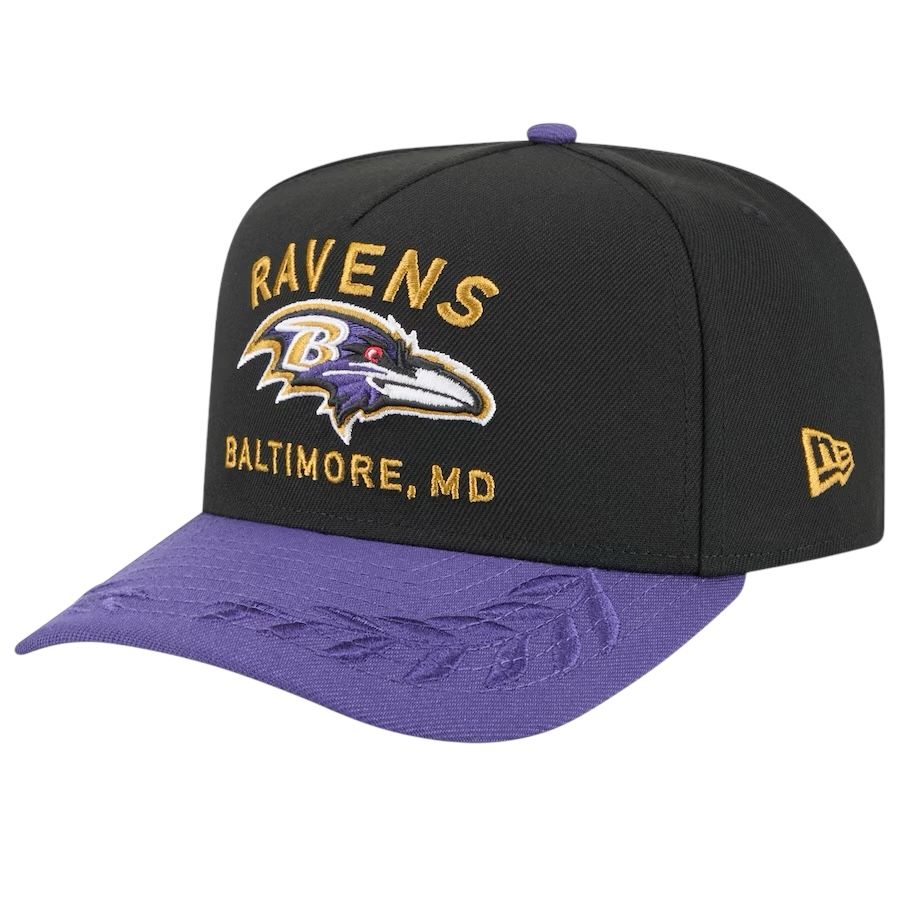 Baltimore Ravens Men’s New Era Black/Purple 2025 NFL Draft A-Frame 9Fifty Snapback Hat