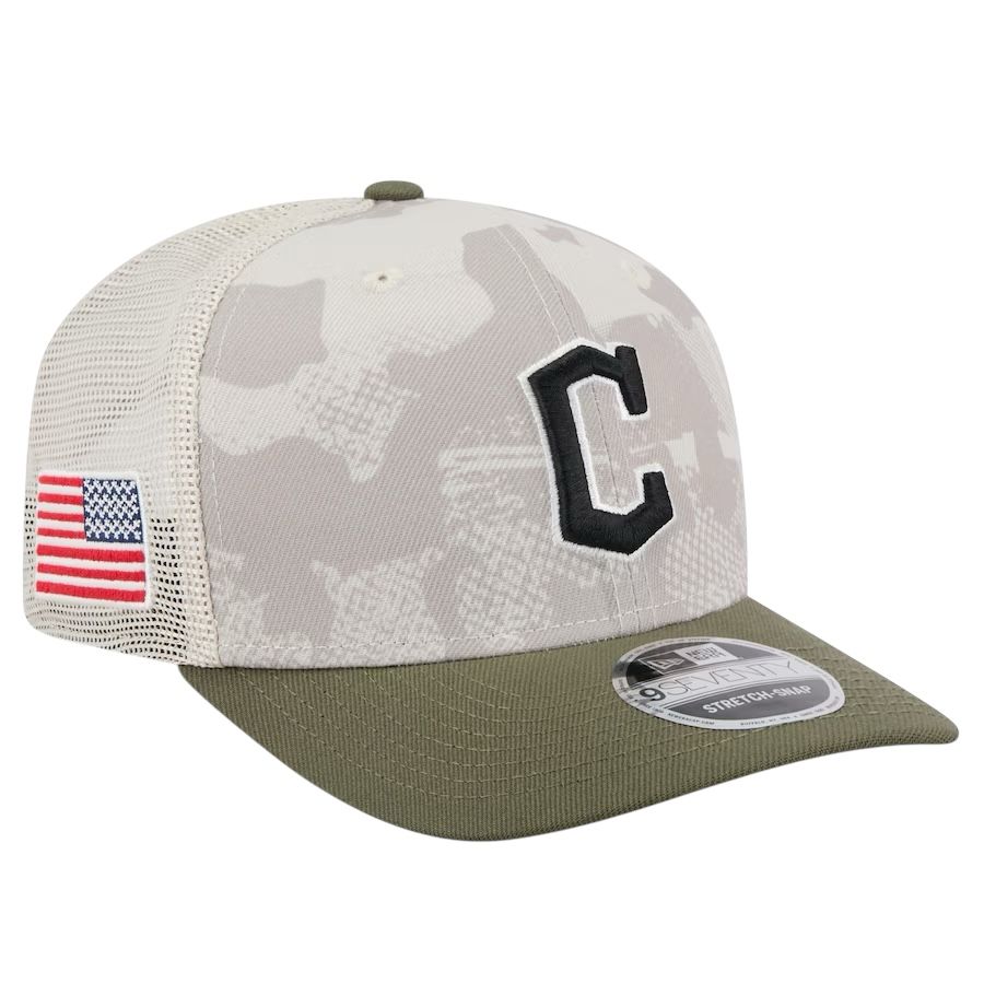 Cleveland Guardians Men's Light Beige/Olive New Era 2025 Armed Forces Day 9SEVENTY Stretch-Snap Hat