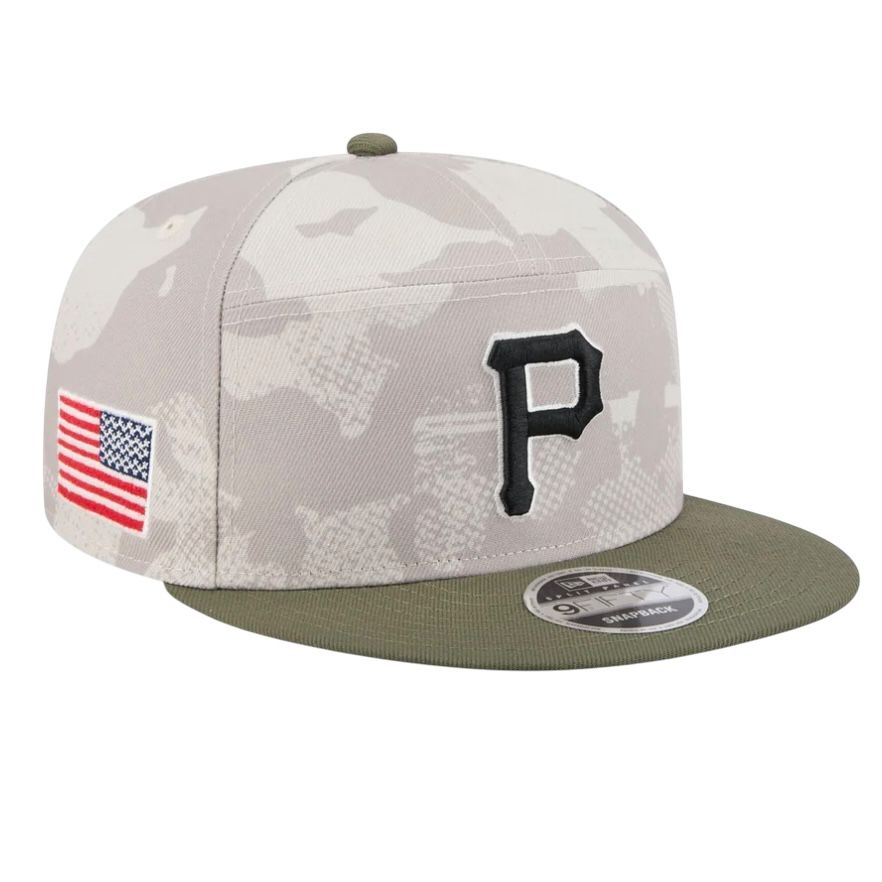Pittsburgh Pirates Men's Light Beige/Olive New Era 2025 Armed Forces Day 9FIFTY Split Panel Snapback Hat