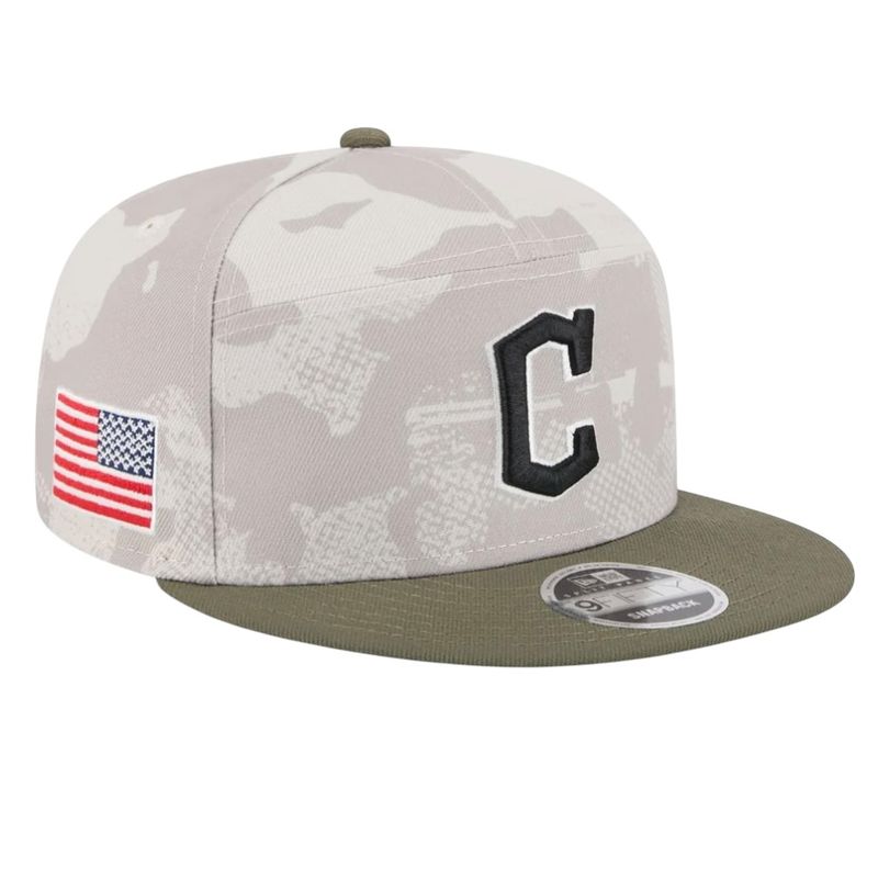 Cleveland Guardians Men's Light Beige/Olive New Era Armed Forces Day 9FIFTY Split Panel Snapback Hat Cleveland Guardians Men's Light Beige/Olive New Era Armed Forces Day 9FIFTY Split Panel Snapback Hat
