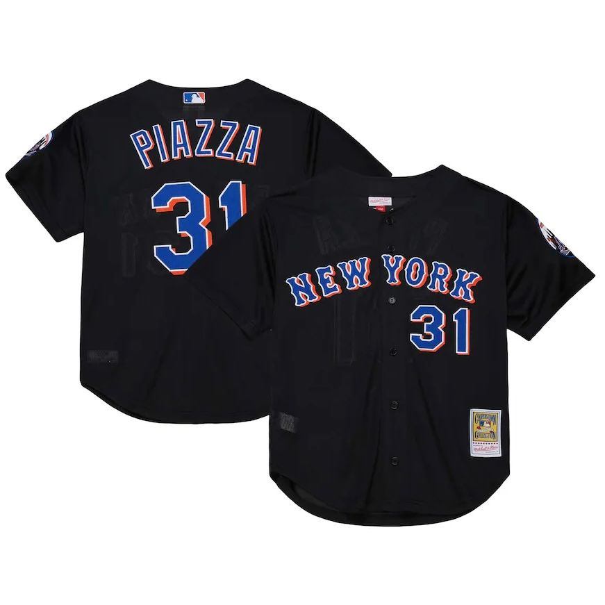 New York Mets Mike Piazza 2000 Men's Black Mitchell & Ness Mesh Full Button Up Jersey