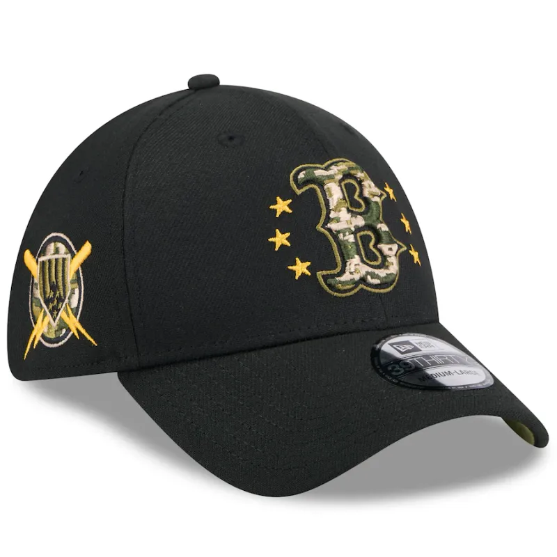 Boston Red Sox Men's Black 2024 Armed Forces Day New Era 39THIRTY Fitted Flex Hat