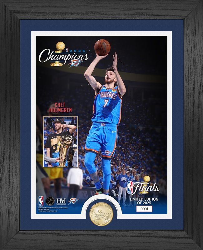 Oklahoma City Thunder Chet Holmgren 2025 NBA Championship Trophy Raising Photo Mint