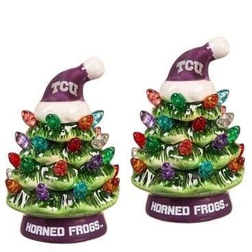 TCU Horned Frogs 4" Ceramic LED Christmas Trees Set of 2