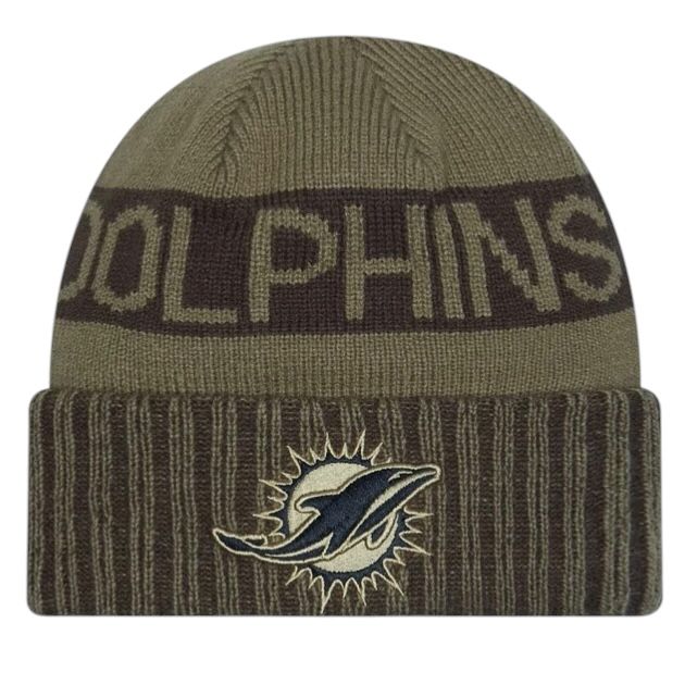 Miami Dolphins Men's Dark Green New Era 2025 Salute to Service Cuffed Knit Hat Miami Dolphins Men's Dark Green New Era 2025 Salute to Service Cuffed Knit Hat