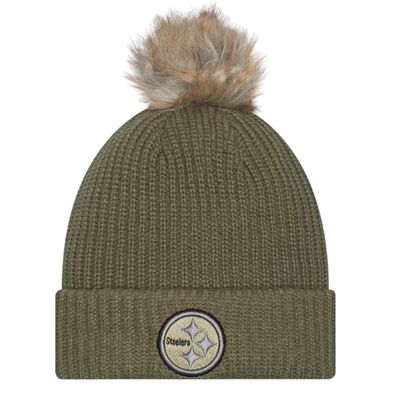 Pittsburgh Steelers Women’s Dark Green New Era 2025 Salute to Service Cuffed Pom Knit Hat