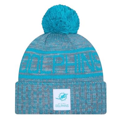 Miami Dolphins Men’s New Era Aqua 2025 Sideline Cold Weather Cuffed Knit Pom Hat Miami Dolphins Men’s New Era Aqua 2025 Sideline Cold Weather Cuffed Knit Pom Hat