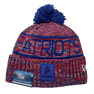 New England Patriots Men’s Historic New Era 2025 Sideline Cold Weather Cuffed Knit Pom Hat