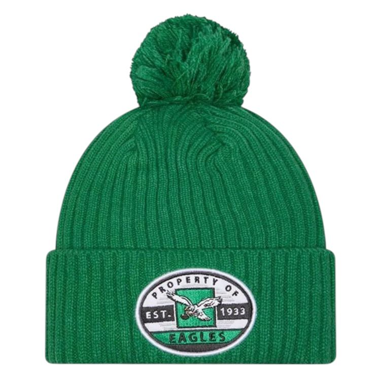 Philadelphia Eagles Men’s Kelly Green New Era Property Cuffed Knit Pom Hat Philadelphia Eagles Men’s Kelly Green New Era Property Cuffed Knit Pom Hat