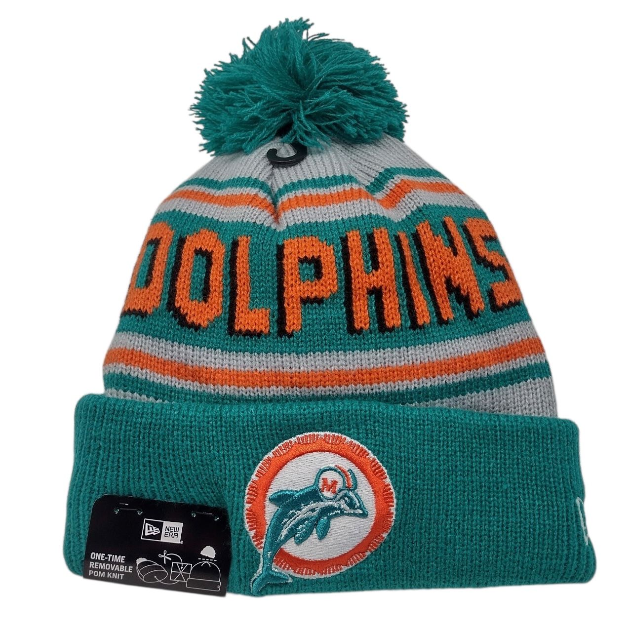 Miami Dolphins Men's Historic New Era Cuffed Pom Knit Hat Miami Dolphins Men's Historic New Era Cuffed Pom Knit Hat