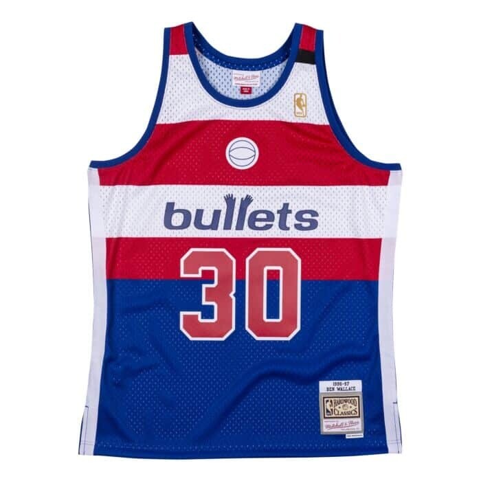 Washington Bullets Ben Wallace 1996-97 Men's Red, White & Blue Mitchell & Ness Swingman Jersey