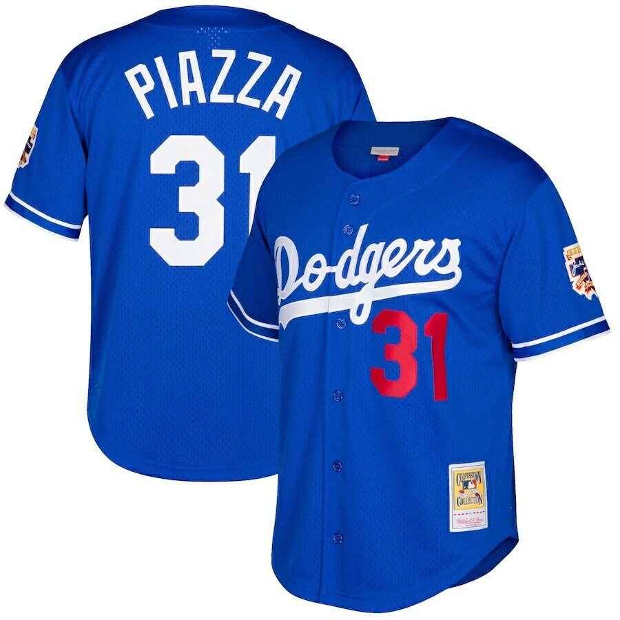 Los Angeles Dodgers Mike Piazza 1997 Men's Blue Mitchell & Ness Mesh Full Button Up Jersey Los Angeles Dodgers Mike Piazza 1997 Men's Blue Mitchell & Ness Mesh Full Button Up Jersey