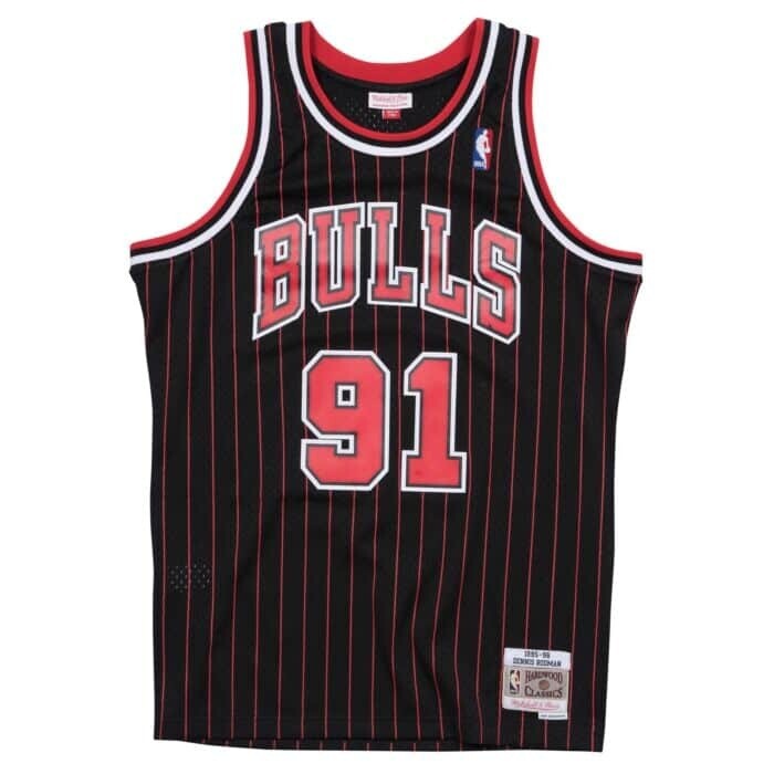 Chicago Bulls Dennis Rodman 1995-96 Men's Black Pinstripe Mitchell & Ness Swingman Jersey Chicago Bulls Dennis Rodman 1995-96 Men's Black Pinstripe Mitchell & Ness Swingman Jersey
