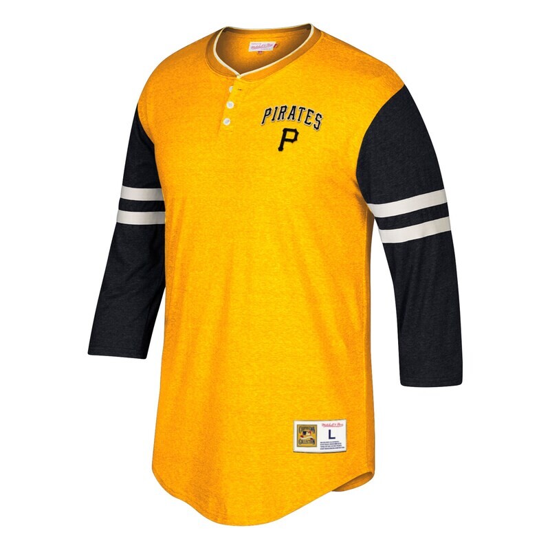 Pittsburgh Pirates Men's Mitchell & Ness Gold & Black Home Stretch 3/4 Sleeve Henley T-Shirt Pittsburgh Pirates Men's Mitchell & Ness Gold & Black Home Stretch 3/4 Sleeve Henley T-Shirt