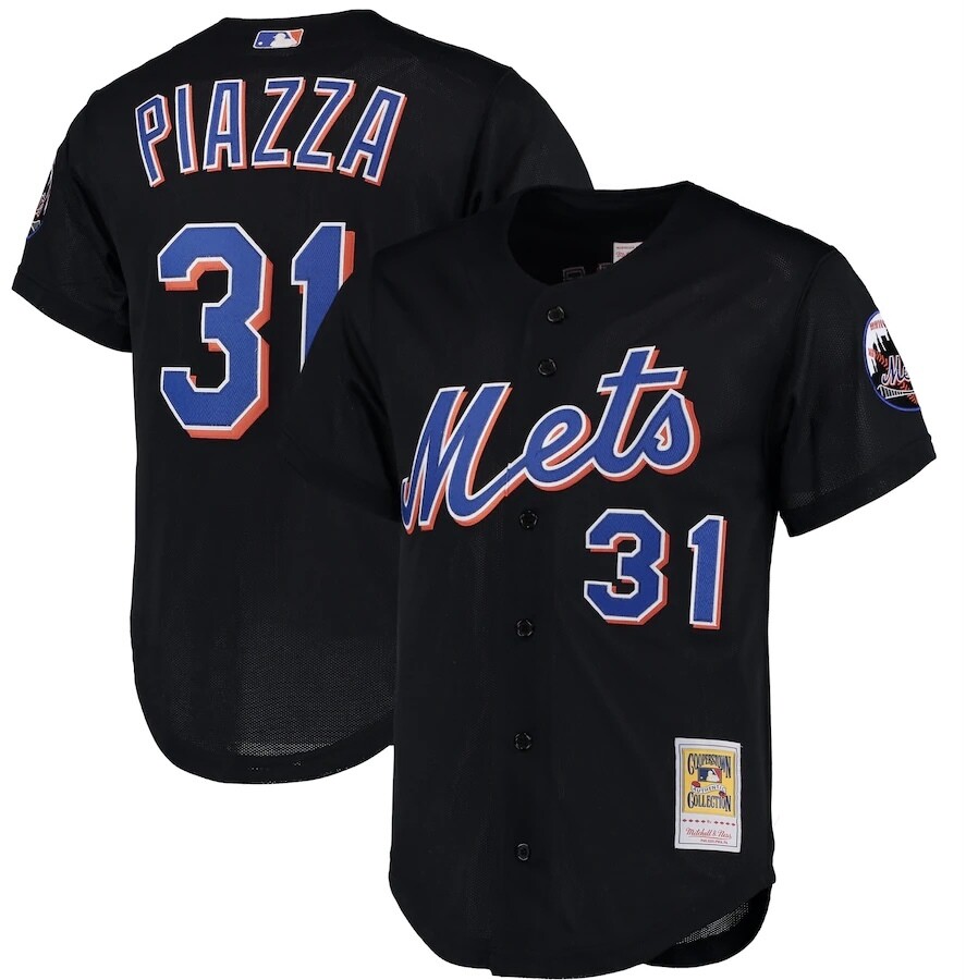 New York Mets Mike Piazza 2000 Men's Black Mitchell & Ness Mesh Full Button Up Jersey New York Mets Mike Piazza 2000 Men's Black Mitchell & Ness Mesh Full Button Up Jersey
