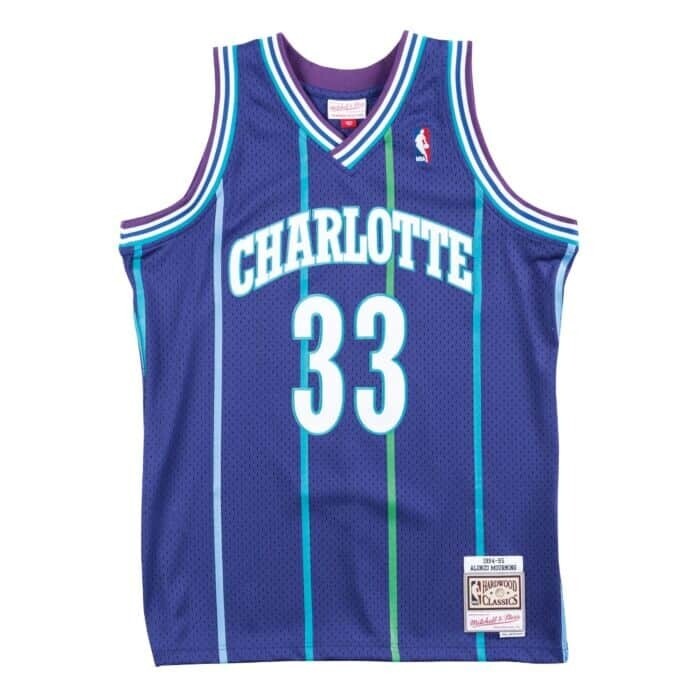 Charlotte Hornets Alonzo Mourning 1994-95 Men's Purple Mitchell & Ness Swingman Jersey Charlotte Hornets Alonzo Mourning 1994-95 Men's Purple Mitchell & Ness Swingman Jersey