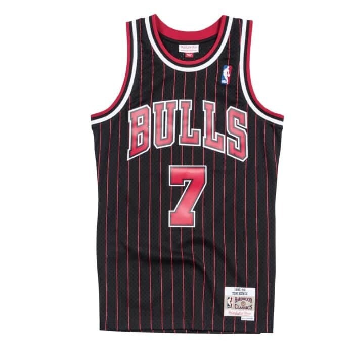 Chicago Bulls Toni Kukoc 1995-96 Men's Black Pinstripe Mitchell & Ness Swingman Jersey Chicago Bulls Toni Kukoc 1995-96 Men's Black Pinstripe Mitchell & Ness Swingman Jersey