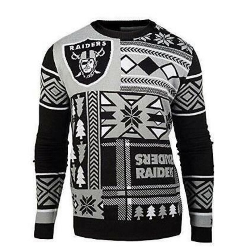Las Vegas Raiders Men’s Holiday Patches Ugly Christmas Sweater Las Vegas Raiders Men’s Holiday Patches Ugly Christmas Sweater