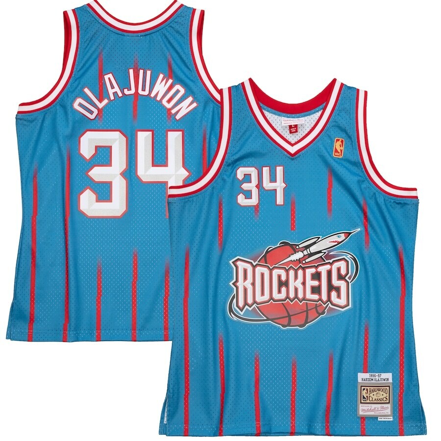 Houston Rockets Hakeem Olajuwon 1996-97 Men's Baby Blue Mitchell & Ness Reload Swingman Jersey Houston Rockets Hakeem Olajuwon 1996-97 Men's Baby Blue Mitchell & Ness Reload Swingman Jersey