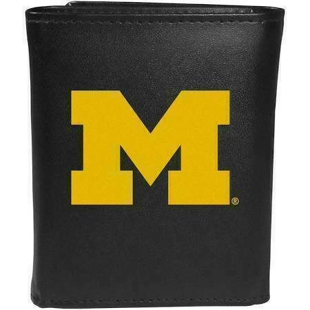 Michigan Wolverines Fine Grain Leather Tri-Fold Black Wallet Michigan Wolverines Fine Grain Leather Tri-Fold Black Wallet