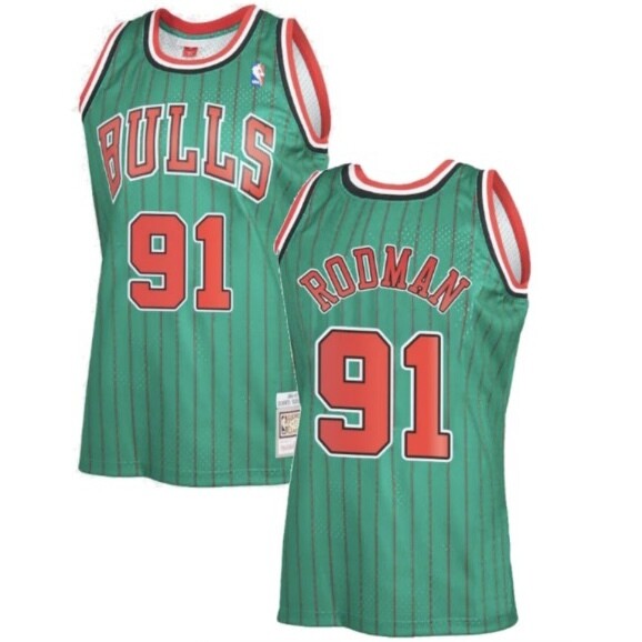 Chicago Bulls Dennis Rodman 1995-96 Men's Green Pinstripe Mitchell & Ness Reload Swingman Jersey