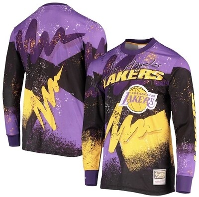 Los Angeles Lakers Men's Mitchell & Ness Purple Hardwood Classics Hyper Hoops Moto Sublimated Long Sleeve T-Shirt Los Angeles Lakers Men's Mitchell & Ness Purple Hardwood Classics Hyper Hoops Moto Sublimated Long Sleeve T-Shirt