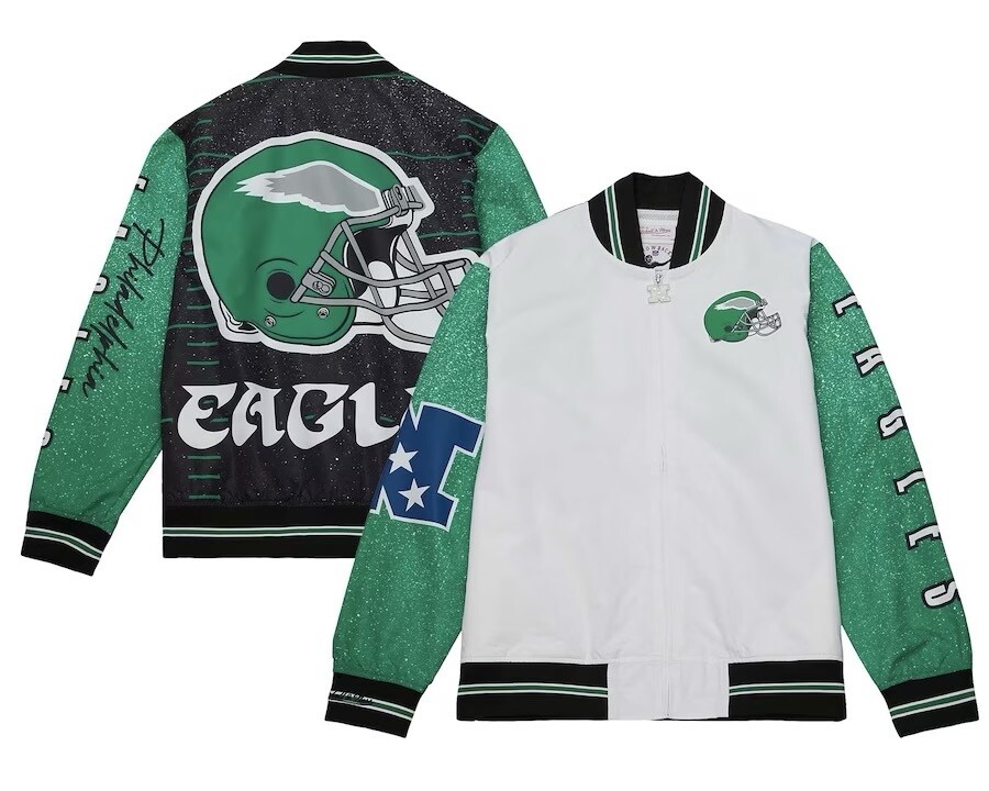 Philadelphia Eagles Men’s White Mitchell & Ness Team Burst Warm-Up Full-Zip Jacket Philadelphia Eagles Men’s White Mitchell & Ness Team Burst Warm-Up Full-Zip Jacket