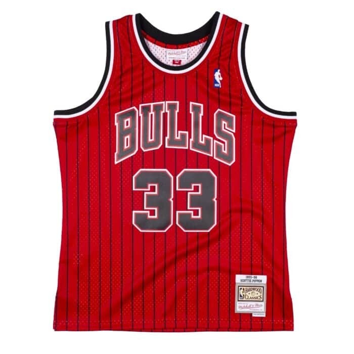 Chicago Bulls Scottie Pippen 1995-96 Men's Red Pinstripe Mitchell & Ness Swingman Jersey