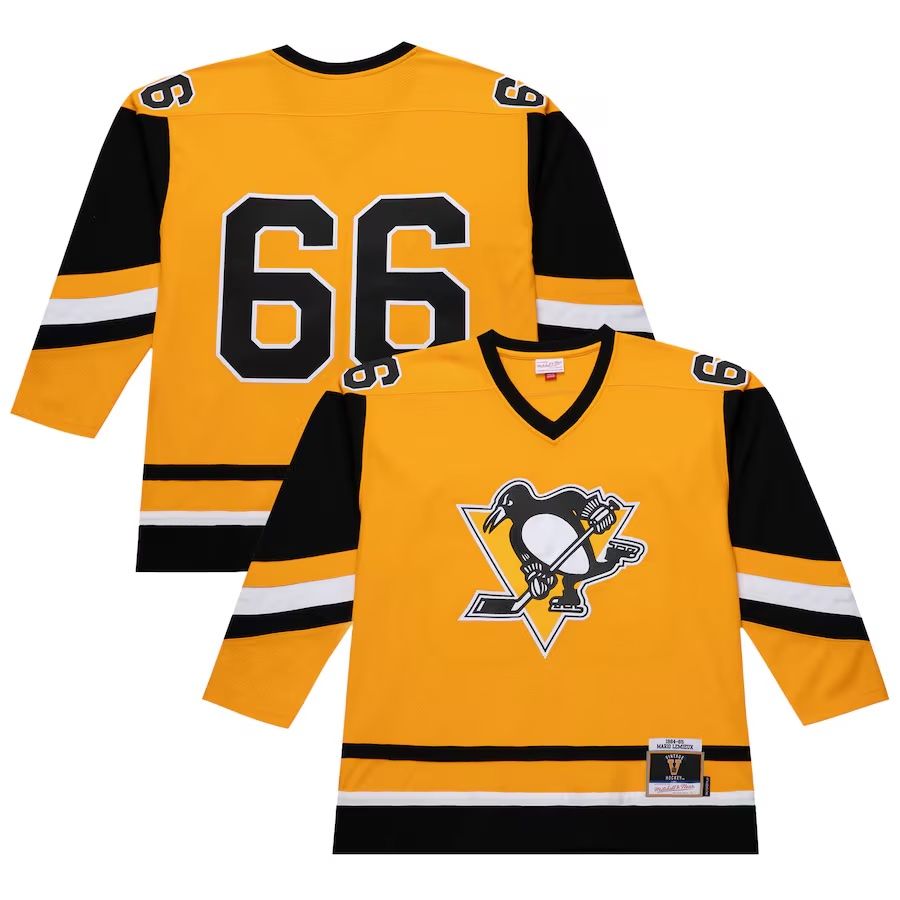 Pittsburgh Penguins Mario Lemieux 1984-85 Men’s Yellow Mitchell & Ness Blue Line Player Jersey Pittsburgh Penguins Mario Lemieux 1984-85 Men’s Yellow Mitchell & Ness Blue Line Player Jersey