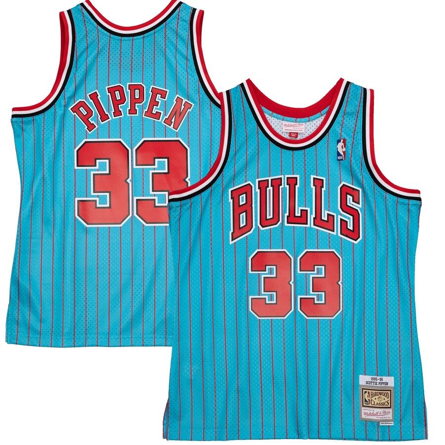 Chicago Bulls Scottie Pippen 1995-96 Men's Blue Pinstripe Mitchell & Ness Swingman Jersey