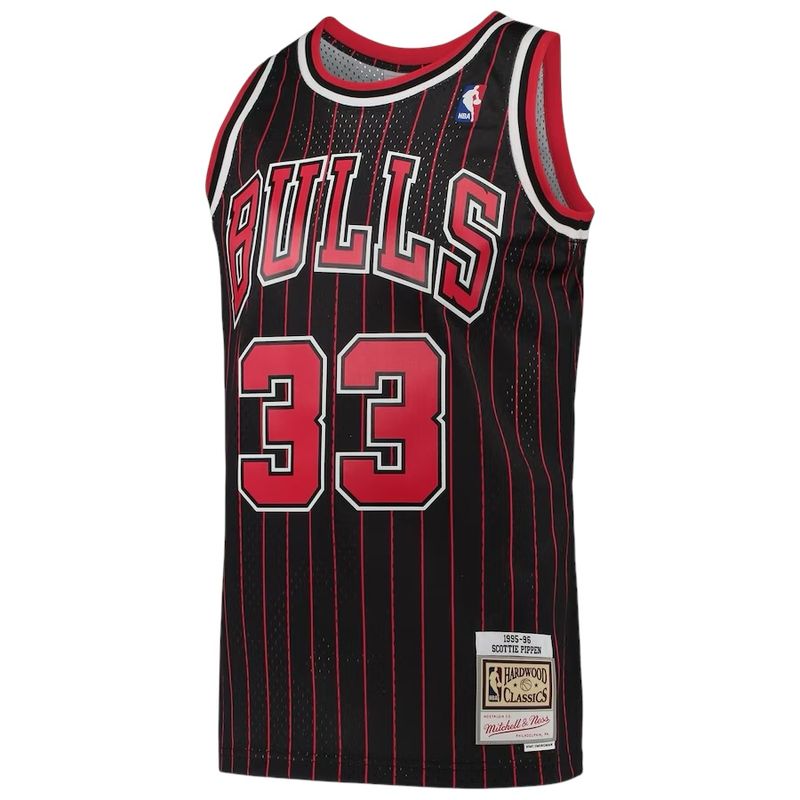 Chicago Bulls Scottie Pippen 1995-96 Men's Black Pinstripe Mitchell & Ness Swingman Jersey