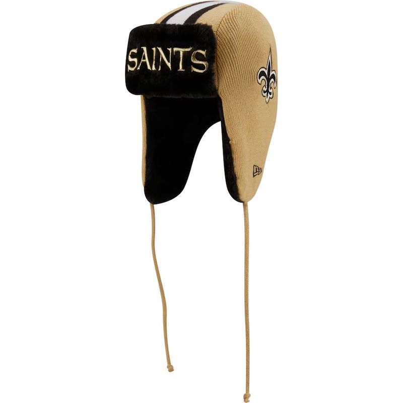 New Orleans Saints Men's Gold New Era Helmet Head Trapper Knit Hat New Orleans Saints Men's Gold New Era Helmet Head Trapper Knit Hat