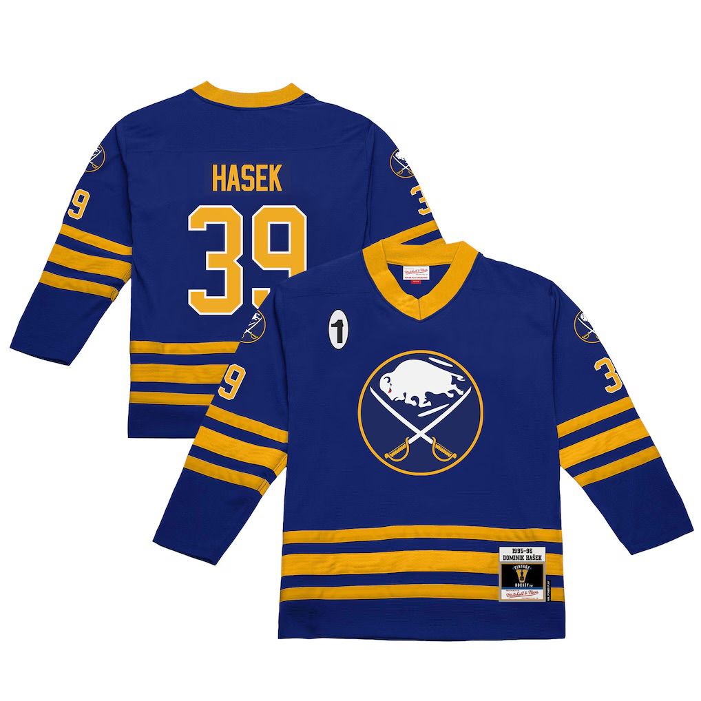 Buffalo Sabres Dominik Hasek 1995-96 Men’s Mitchell & Ness Blue Line Player Jersey Buffalo Sabres Dominik Hasek 1995-96 Men’s Mitchell & Ness Blue Line Player Jersey