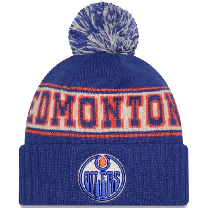 Edmonton Oilers Men's Vintage New Era Cuffed Pom Knit Hat Edmonton Oilers Men's Vintage New Era Cuffed Pom Knit Hat