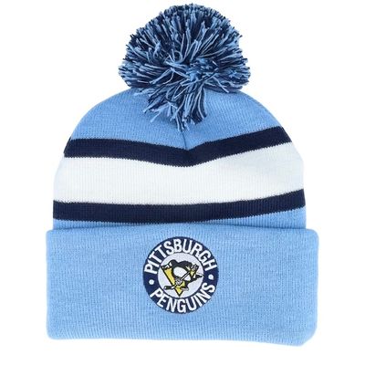 Pittsburgh Penguins Men’s Baby Blue NHL Advantage Striped Mitchell & Ness Cuffed Pom Knit Hat