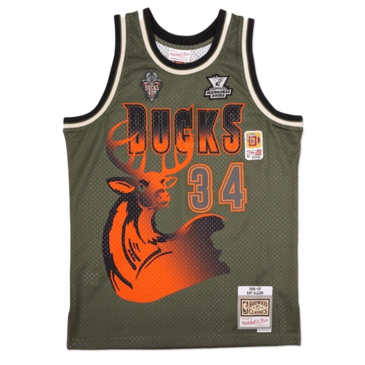 Milwaukee Bucks Ray Allen 1996-97 Men's Army Green Flight Mitchell & Ness Swingman Jersey Milwaukee Bucks Ray Allen 1996-97 Men's Army Green Flight Mitchell & Ness Swingman Jersey