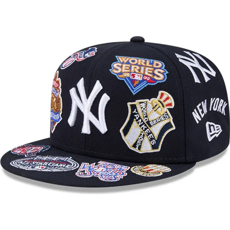 New York Yankees Men's Navy New Era Flat Brim 59FIFTY All Over Logos MLB Fitted Cap