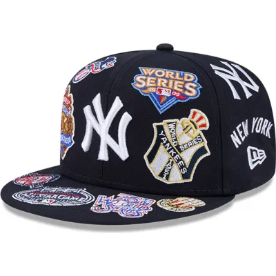New York Yankees Men's Navy New Era Flat Brim 59FIFTY All Over Logos MLB Fitted Cap