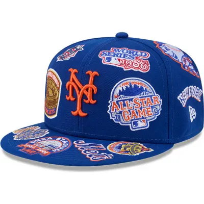 New York Mets Men's Blue New Era Flat Brim 59FIFTY All Over Logos MLB Fitted Cap