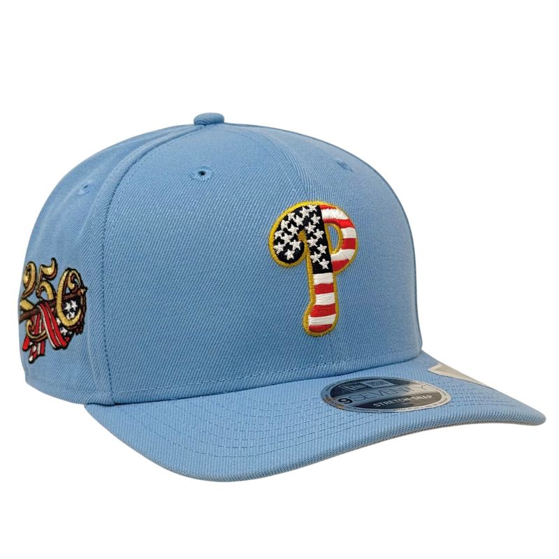 Philadelphia Phillies Men's Sky Blue USA Logo 250th Anniversary Patch New Era 9SEVENTY Stretch-Snap Hat Philadelphia Phillies Men's Sky Blue USA Logo 250th Anniversary Patch New Era 9SEVENTY Stretch-Snap Hat