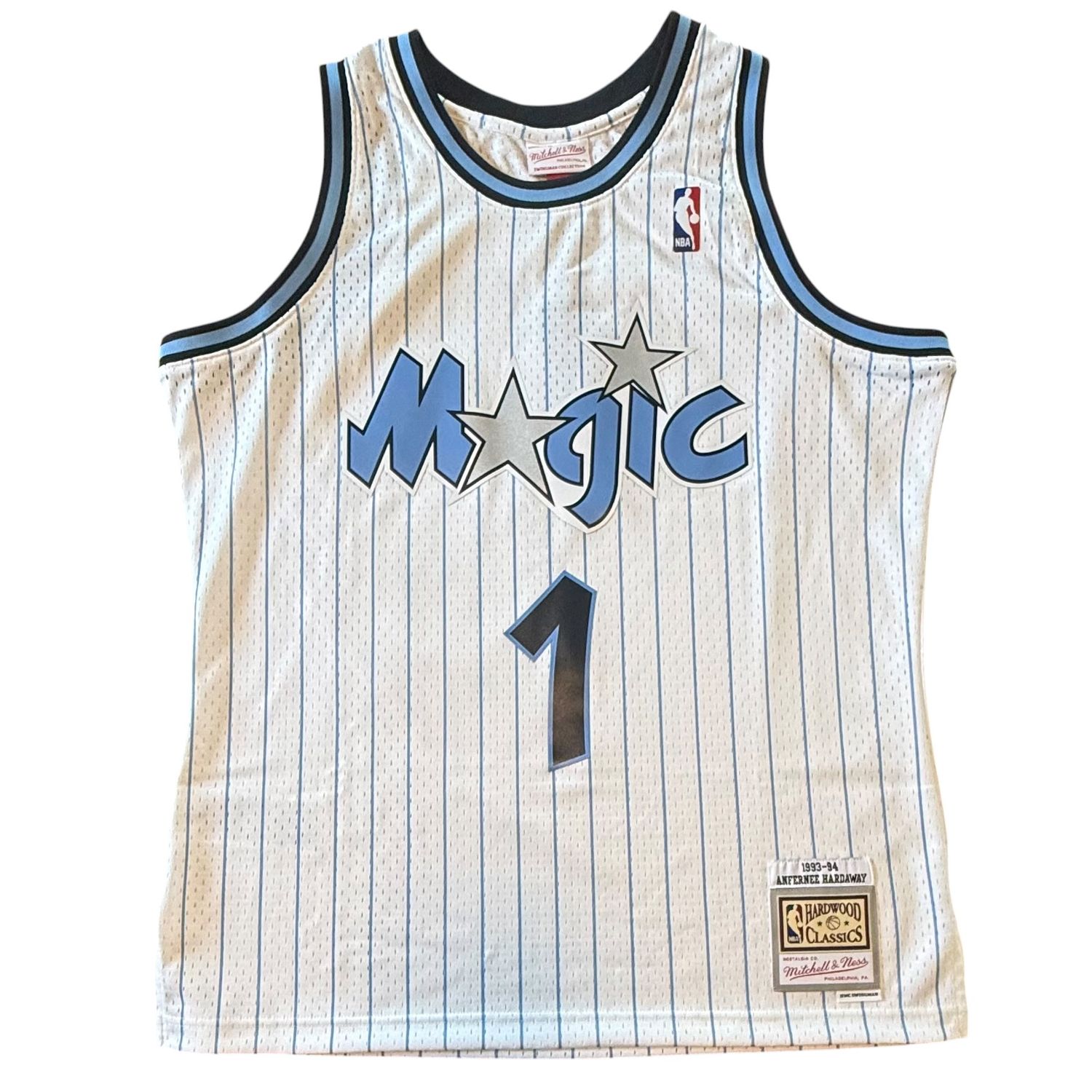 Orlando Magic Anfernee Hardaway 1993-94 Men's White / Baby Blue Pinstripe Mitchell & Ness Swingman Jersey Orlando Magic Anfernee Hardaway 1993-94 Men's White / Baby Blue Pinstripe Mitchell & Ness Swingman Jersey