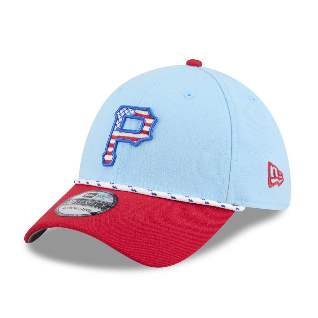 Pittsburgh Pirates Men's Sky Blue New Era 39Thirty 4th of July Flex Fit Hat Pittsburgh Pirates Men's Sky Blue New Era 39Thirty 4th of July Flex Fit Hat