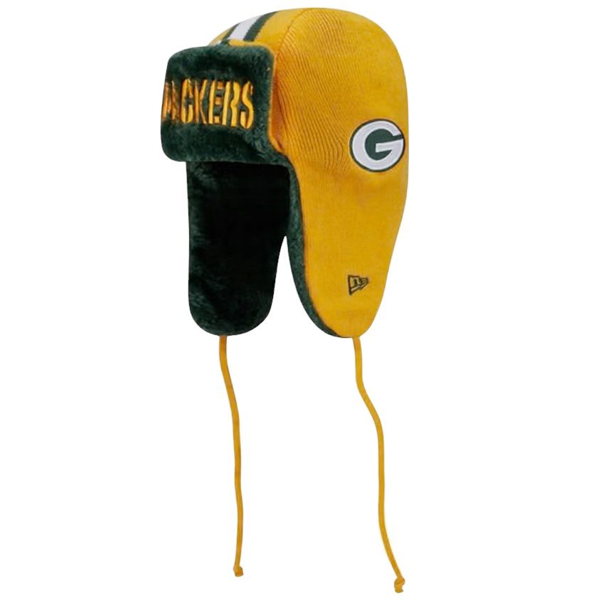Green Bay Packers Men's Yellow New Era Helmet Head Trapper Knit Hat Green Bay Packers Men's Yellow New Era Helmet Head Trapper Knit Hat