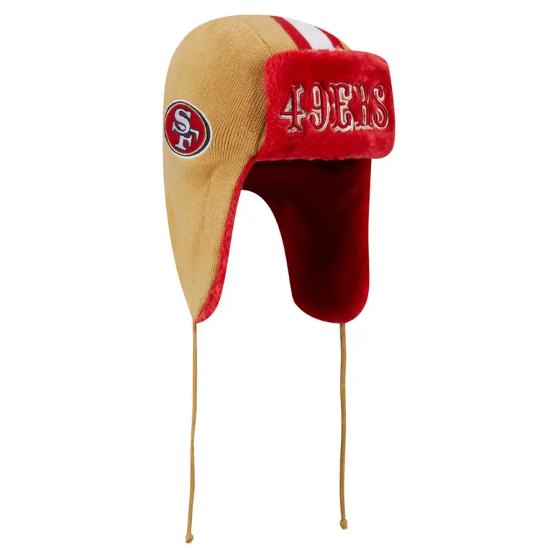 San Francisco 49ers Men's Gold New Era Helmet Head Trapper Knit Hat San Francisco 49ers Men's Gold New Era Helmet Head Trapper Knit Hat