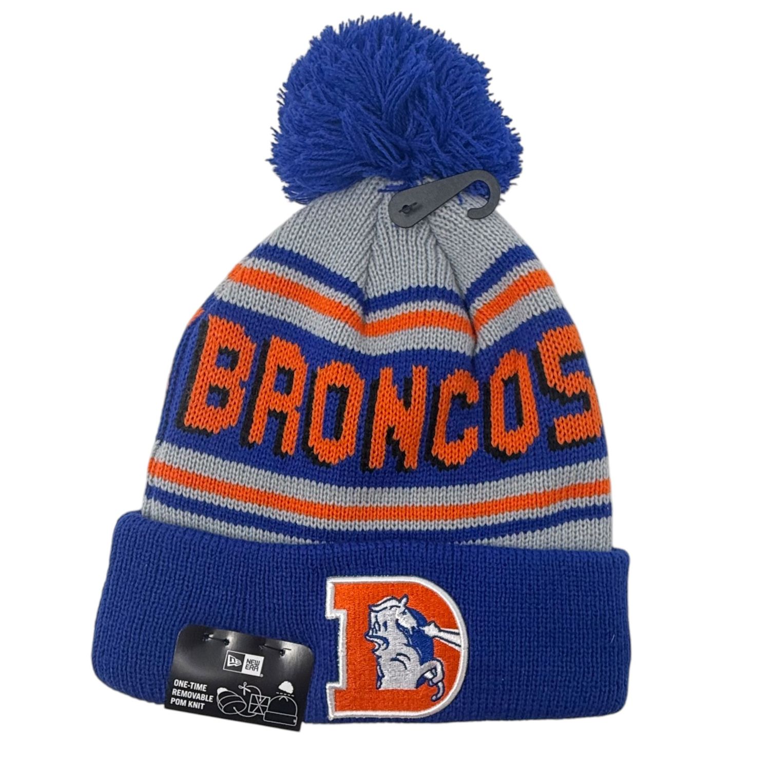 Denver Broncos Men’s Blue Historic Wordmark New Era Knit Pom Hat Denver Broncos Men’s Blue Historic Wordmark New Era Knit Pom Hat