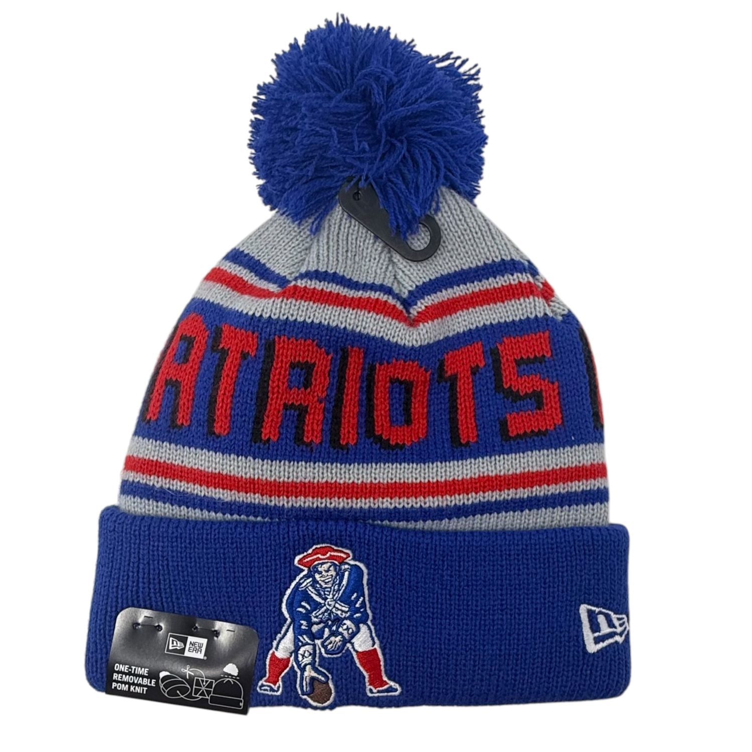 New England Patriots Men’s Blue Historic Wordmark New Era Knit Pom Hat New England Patriots Men’s Blue Historic Wordmark New Era Knit Pom Hat