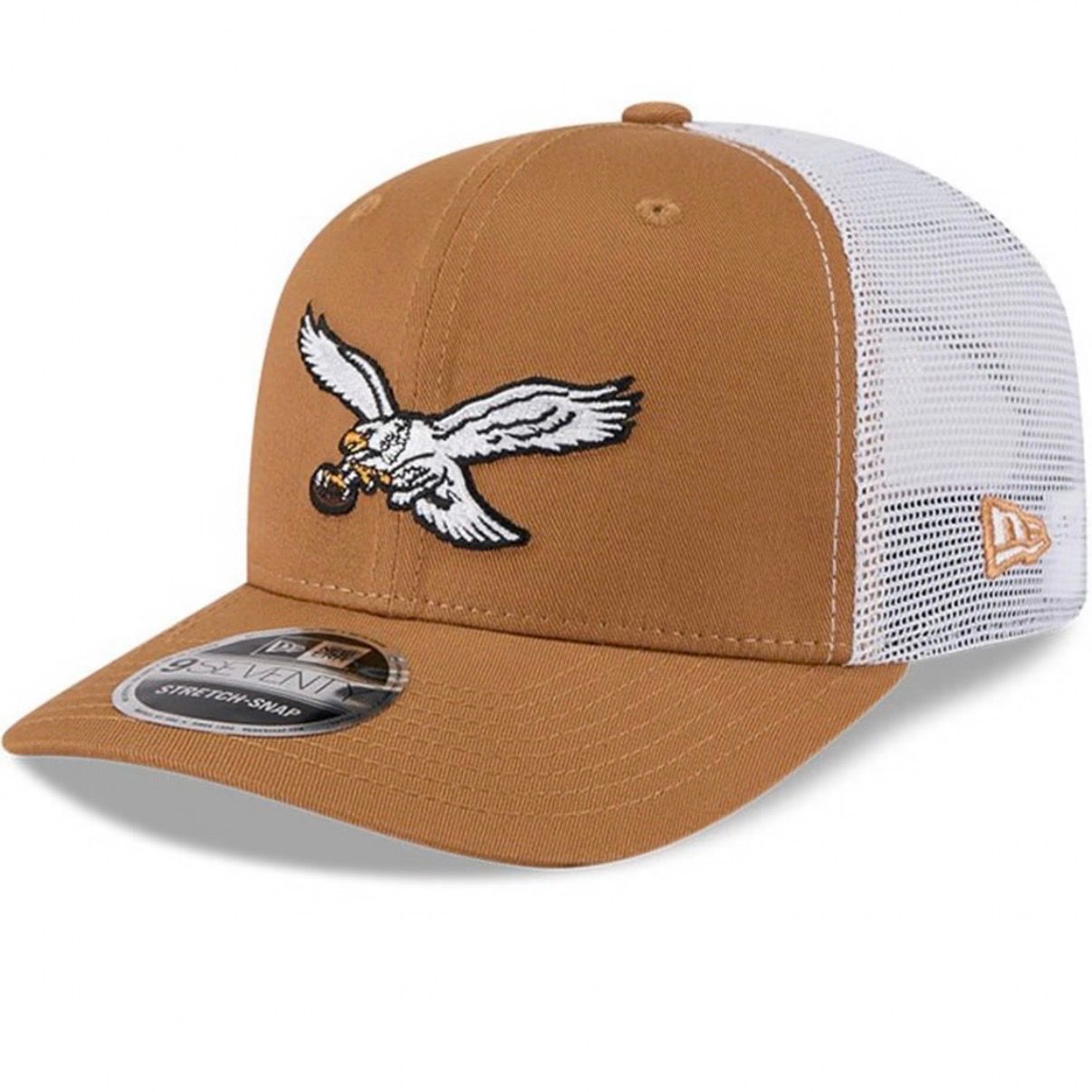 Philadelphia Eagles Men's Historic Brown Evergreen New Era 9SEVENTY Stretch Snap Trucker Adjustable Hat Philadelphia Eagles Men's Historic Brown Evergreen New Era 9SEVENTY Stretch Snap Trucker Adjustable Hat